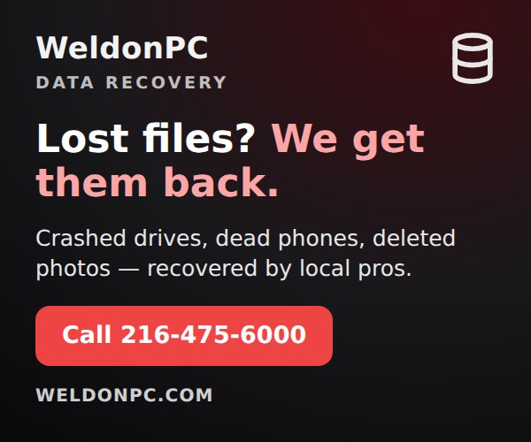 WeldonPC Data Recovery - Lost files? Crashed drives and phones recovered by local pros. Call 216-475-6000.