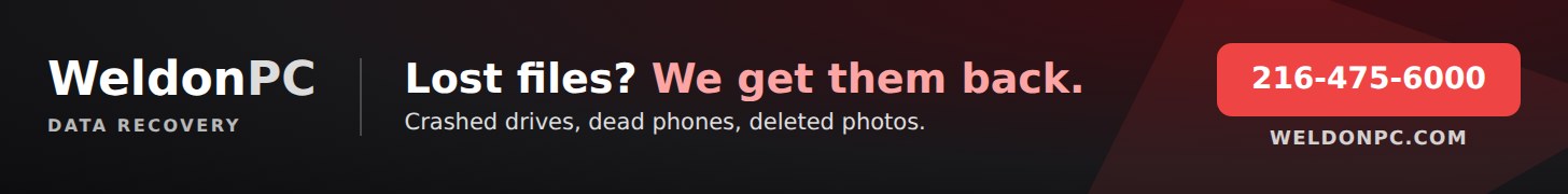WeldonPC Data Recovery - Lost files? Crashed drives, dead phones, deleted photos recovered. Call 216-475-6000.