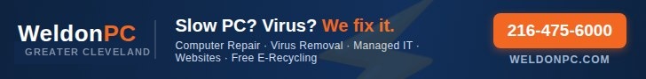WeldonPC - Slow PC or virus? Computer repair, virus removal, managed IT, websites, free e-recycling. Call 216-475-6000.